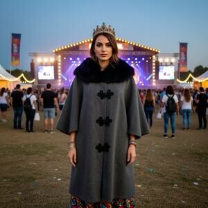 VTG 1970s Women OneSize Unbranded Gray Wool Blend FauxFur Poncho Coat PennyLane